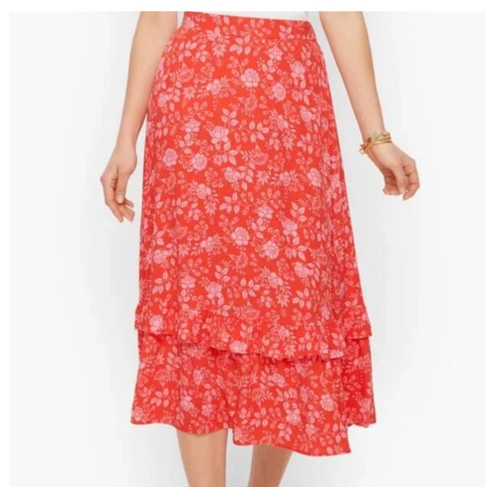 Talbots Coral Floral Tiered Ruffled Midi Skirt XL NWOT